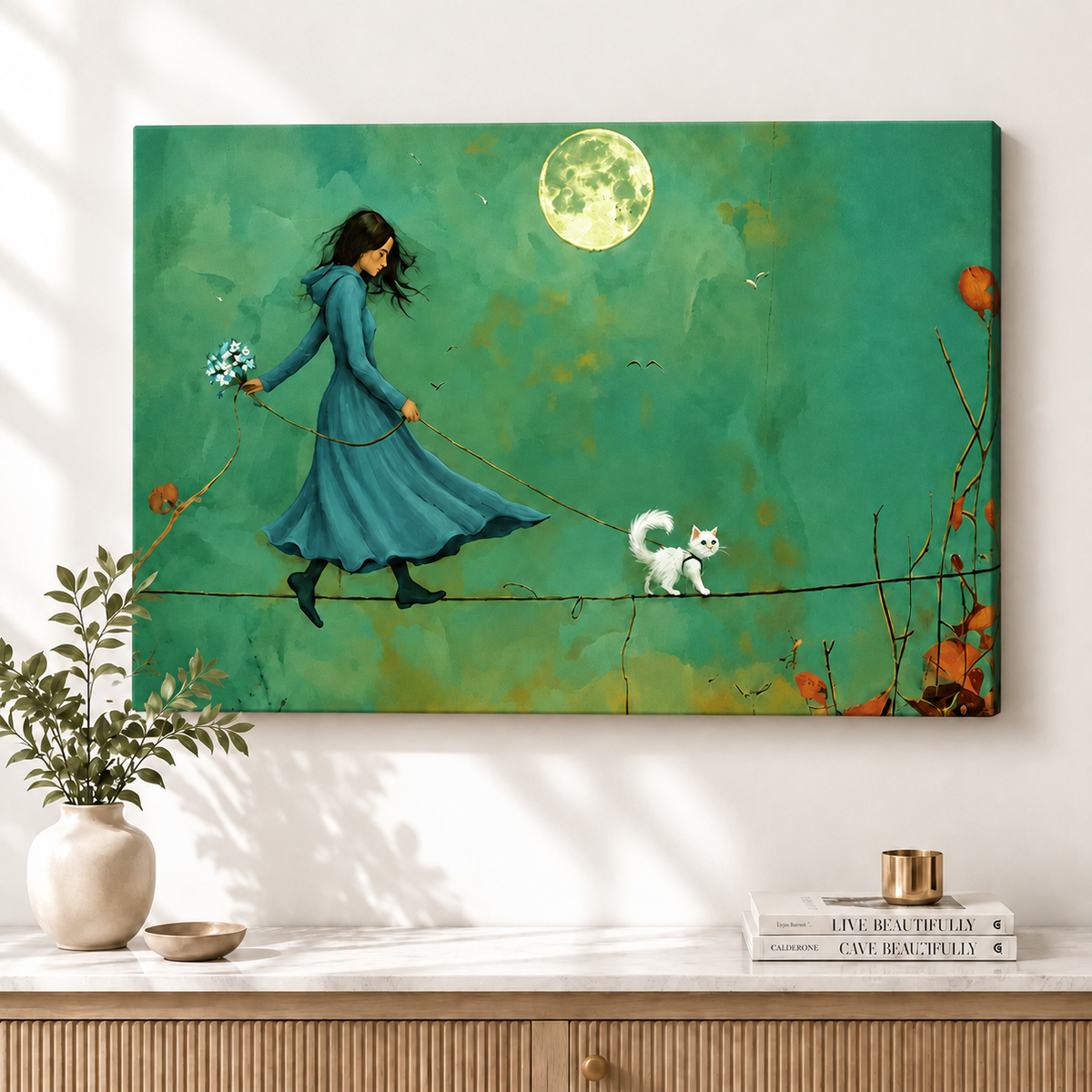 Moonlit Walk Canvas Art – Whimsical Moon & Cat