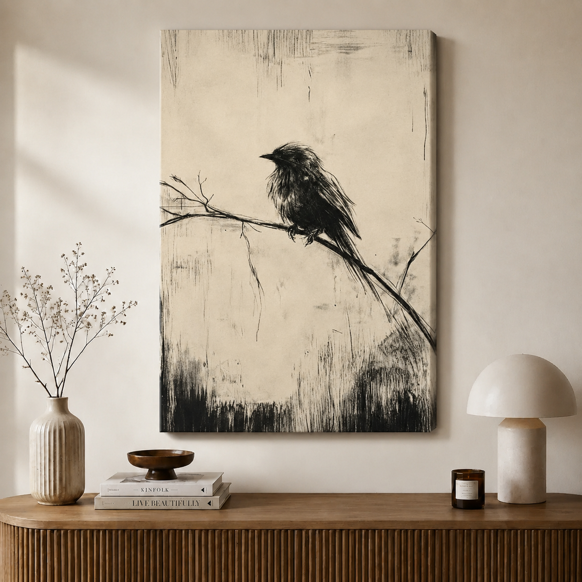 Moody Bird on Bare Branch Canvas Art