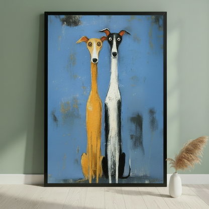 Two Greyhounds Folk Art Canvas Wall Art