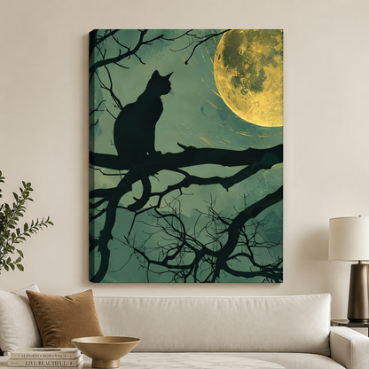 Black Cat Moon Night Framed Canvas Wall Art