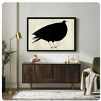 Abstract black bird with red beak canvas wall art in black frame above dark walnut sideboard in warm mid-century modern living room
