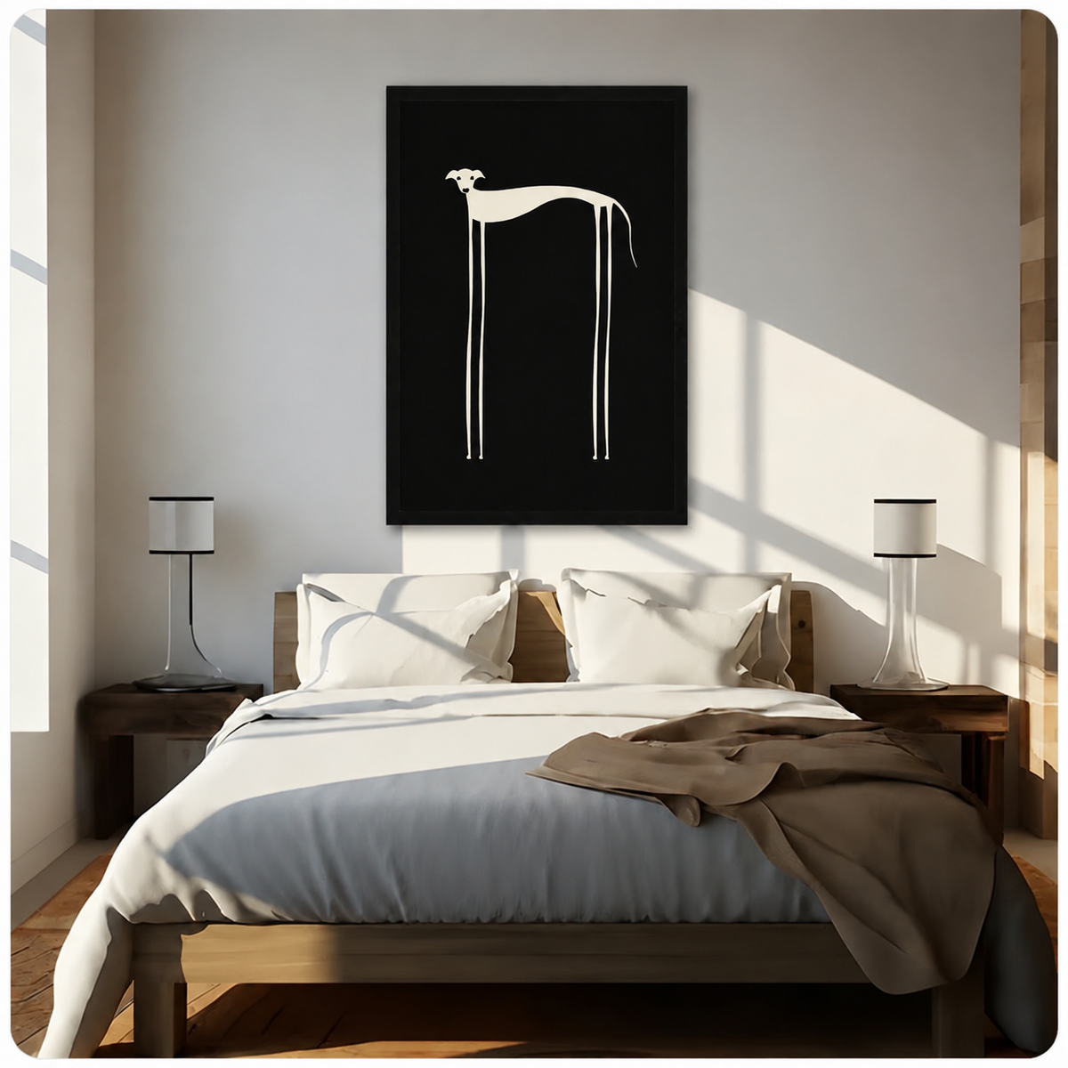 Abstract greyhound canvas print hung above bed as modern bedroom wall decor in neutral room