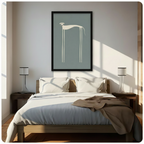 Framed abstract greyhound wall art print in cream and blue-grey tones, hung above a wooden bed with white linen in a sunlit minimalist bedroom with warm natural light