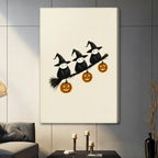 Halloween witch birds with jack-o-lantern pumpkins canvas print displayed on living room wall above sofa