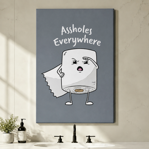Humorous canvas wall art with expressive cartoon toilet paper roll and Assholes Everywhere quote on dusty blue background, hung above a bathroom vanity without frame