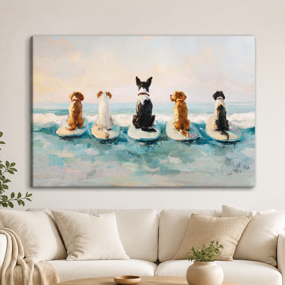 Five Dogs Surfing Canvas Art – Beach Wall Decor