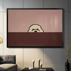 Bichon frise dog peeking over ledge minimalist two-tone framed wall art - cute line illustration canvas print with dusty rose pink upper field and deep chocolate brown lower block for living room decor