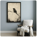 Black framed moody vintage charcoal bird painting featuring a solitary fluffy black bird on a bare angled branch with a long tail feather and soft grass brushstrokes at the base on an aged parchment cream background with scratch texture minimalist monochrome canvas print hung on a soft blue-gray wall beside a white linen folding chair with cream throw