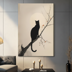 Unframed stretched canvas print of a sleek black cat with green eyes perched on a bare branch beneath a glowing moon in minimalist ink wash painting style on a warm cream background