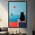 Black cat silhouette sitting on pink terrace gazing at blue ocean with red sun and sailboat minimalist canvas in black frame on dark grey panel wall – geometric coastal cat wall art for living room