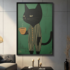 Framed black cat in striped pajamas holding a steaming coffee cup, retro illustration canvas print displayed on a dark gray tile wall in a modern living room