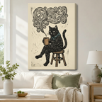 Gallery-wrapped canvas of a black cat sitting on a stool holding a steaming coffee cup with decorative swirl smoke above a white sofa in a cozy living room