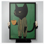 Person holding a black framed canvas print of a black cat in striped pajamas holding a coffee cup, showing size and frame detail reference