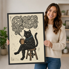 Smiling woman holding a large framed black cat coffee woodblock wall art print showing artwork detail and size reference