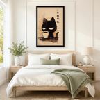 Framed Japanese ink grumpy black cat holding coffee mug with やれやれ brushstroke text hung above a minimalist wooden bed in a serene neutral bedroom