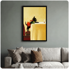Black cat carrying frog illustration in black frame above grey sofa, warm yellow toned living room wall art