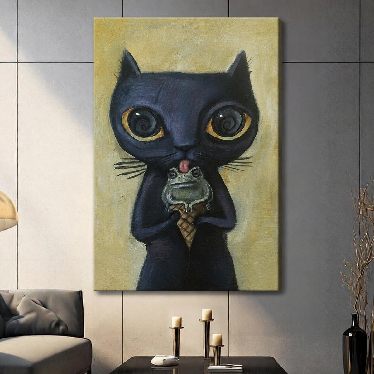 Unframed canvas print of a wide-eyed black cat licking a frog in a waffle cone on a textured gold background hung in a contemporary grey living room