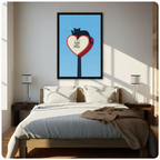 Black cat heart sculpture quote wall art in black frame above a white bed in a sunlit minimalist bedroom