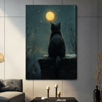 Gallery wrap canvas print of a black cat sitting on a stone wall looking up at a glowing full moon surrounded by bare trees