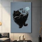 Funny black cat No Ice canvas wrap wall art in frameless style, dark sofa living room scene