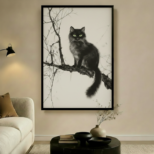 Black Cat on Branch in Living Room - V1