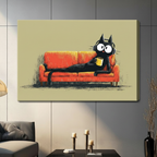 Unframed black cat relaxing on orange sofa canvas print mounted on grey panel wall in contemporary living space