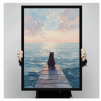 Hand-held size reference of framed black cat wooden pier ocean sunset oil painting print with pink and blue pastel sky, showing portrait orientation and black frame detail