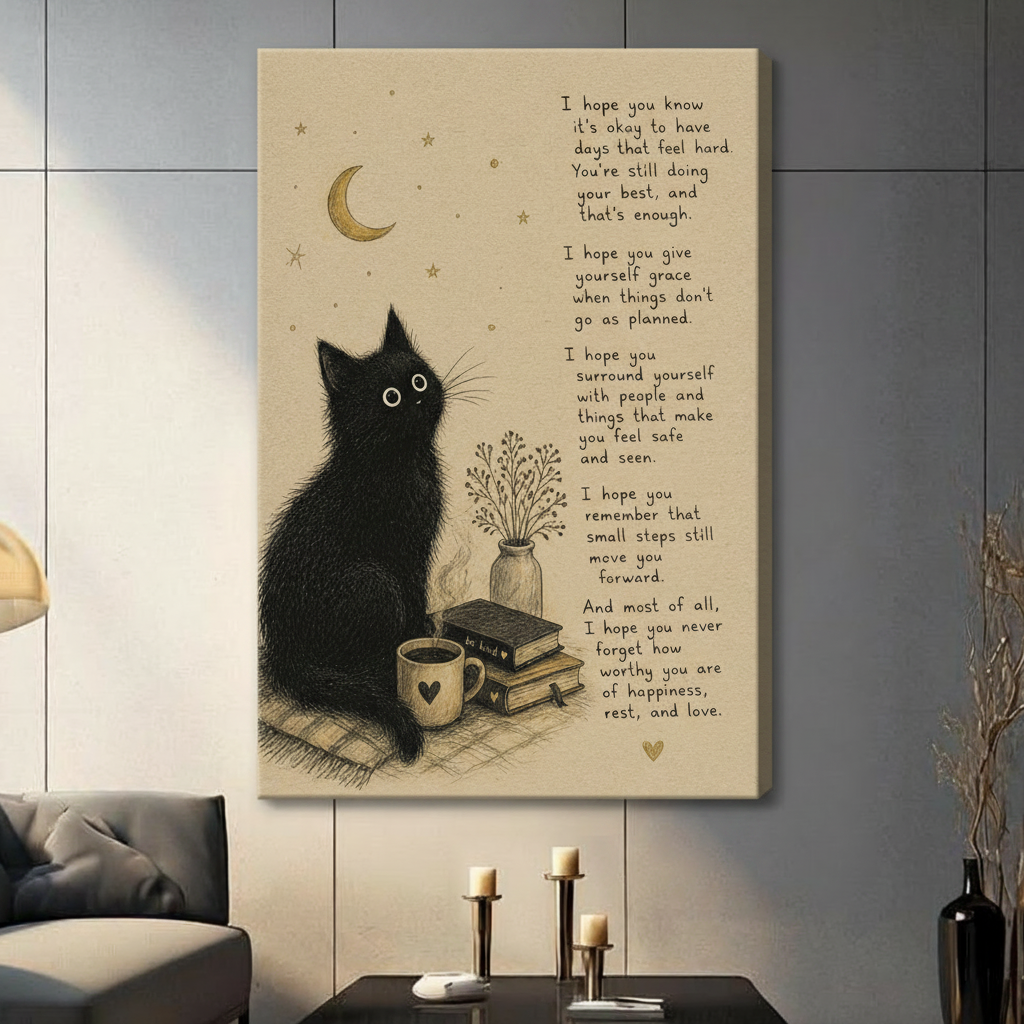 Black cat canvas wall art print – "small steps still move you forward" – unframed canvas wrap for contemporary living room decor