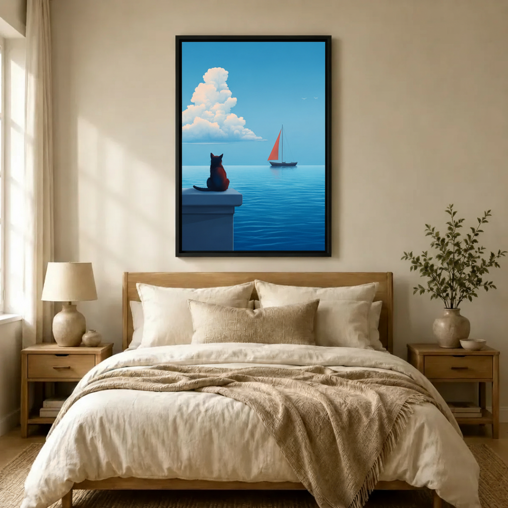 Black-framed canvas art of a solitary black cat watching a red sailboat on a peaceful blue ocean, hung above a neutral-toned bedroom bed