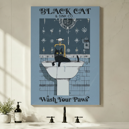 Unframed Black Cat and Sink Co Wash Your Paws canvas print - retro gothic lettering bathroom wall art with yellow-eyed black cat on white pedestal sink brass tap and steel blue snowflake tile background for contemporary bathroom decor