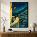 Stretched canvas print of a silhouetted black cat perched on a curved stone balcony wall beside a vintage lantern, gazing over a teal-toned Italian village lit at night