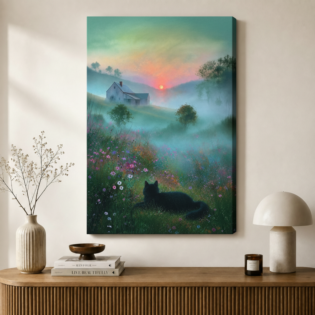 Gallery wrapped canvas print featuring a black cat lounging among wildflowers with a foggy farmhouse and glowing sunrise in the background, styled on a wooden sideboard