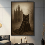 Framed canvas wall art of a black kitten wearing a dark vampire cape with gothic castle silhouette in sepia tones, displayed above a console table with candle holders in a modern living room
