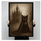 Close-up product shot of a framed black kitten vampire portrait print being held by hands, showcasing sepia vintage aesthetic with misty gothic castle and dramatic dark cape detail