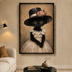 Black cat in Victorian lace dress and wide-brim hat – framed canvas wall art displayed in warm-toned living room
