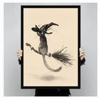 Two hands holding framed black cat witch broomstick ink painting canvas to demonstrate actual print size and black frame quality