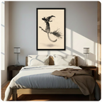 Framed black cat witch flying on broomstick ink art canvas above bed in bright sunlit neutral bedroom with dark wood nightstands and modern table lamps