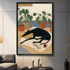 Black greyhound dog art print in black frame displayed in modern living room, cozy illustrated wall art with monstera plants and coffee cup