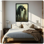 Black framed enchanting moonlit black horse and long-haired girl in white gown dark fantasy canvas wall art with glowing full moon hung above a dark wood bed with white and beige linen bedding in a sunlit minimalist bedroom
