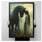 Two hands in black jacket sleeves holding a large black framed moonlit black Friesian horse and white dress girl dark fantasy oil painting canvas art print with glowing full moon and misty green background, vertical size display