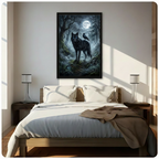 Framed gothic wolf and raven moonlit forest wall art hung above a bed in a sunlit neutral bedroom with warm wood tones and white bedding, creating a dramatic dark fantasy focal point