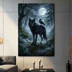 Canvas wrap wall art featuring a dramatic black wolf and crow duo in an enchanted moonlit forest with ferns and mushrooms, hung on a gray wall in a contemporary living room setting