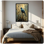 Black framed serene deep blue bird resting on a wild botanical branch with golden wildflower accents and ink splashes impressionist oil painting canvas wall art on warm gold and teal impasto background hung in warm diagonal sunlight above a dark wood bed with white linen bedding