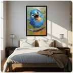 Whimsical blue bird oil painting style framed canvas print above bed, colorful cheerful bird wall art adding playful energy to bright neutral bedroom