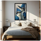 Blue jay framed art print above bed in bright Scandinavian bedroom — two birds close-up painting, nature wall decor