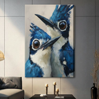 Large blue jay canvas wall art without frame in contemporary living space — oversized bird oil painting, gallery-style nature decor