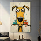 Canvas wrap wall art featuring a funny big-nosed yellow dog with two grumpy birds on a branch, hung on a grey living room wall