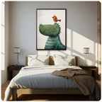 Kids cartoon crocodile and bird framed art print displayed above bed in bright minimalist bedroom with natural light