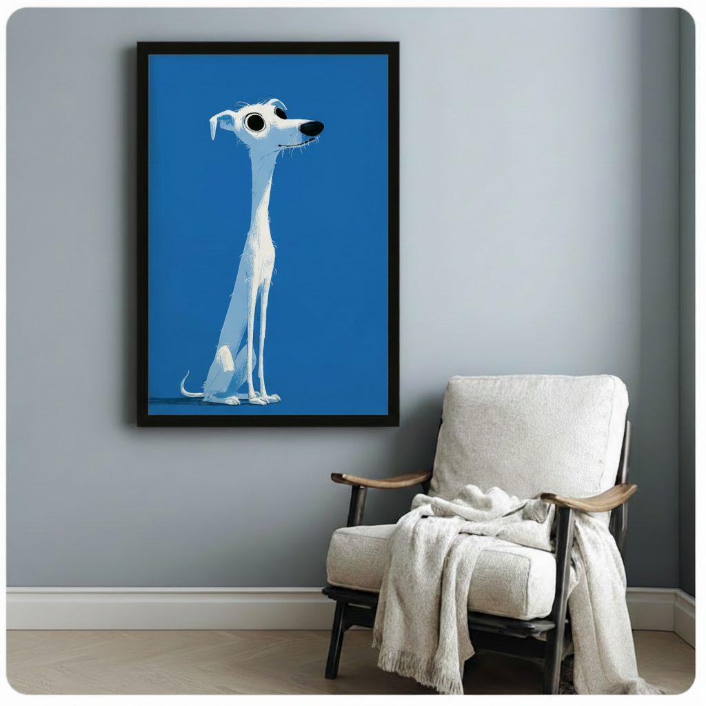 Black framed cartoon animated white greyhound with big round eyes sitting portrait canvas art on vivid blue background on a soft blue-gray wall beside a white linen armchair with a cream knit throw blanket draped over the armrest