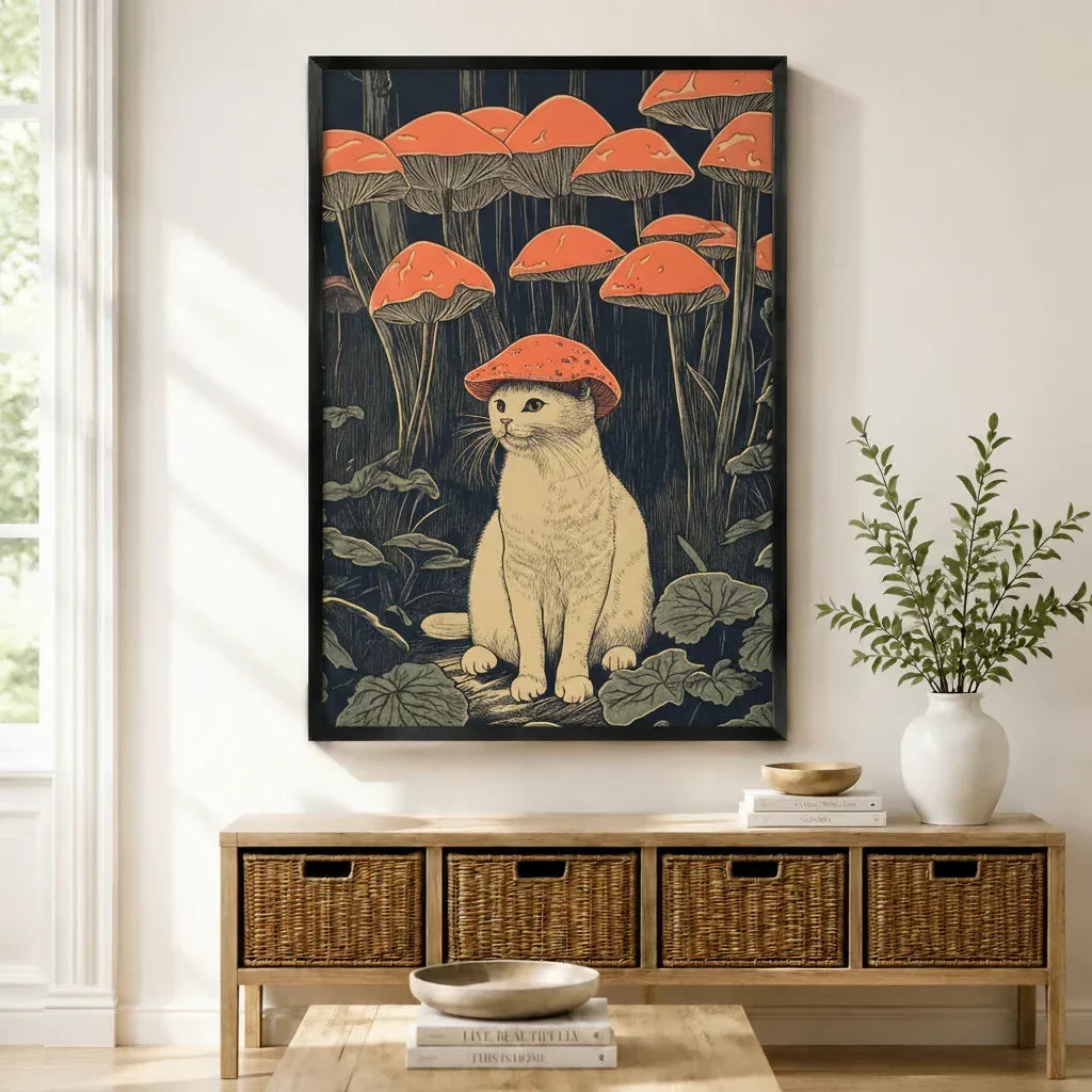 Mushroom Hat Cat Japanese Woodblock Canvas Art